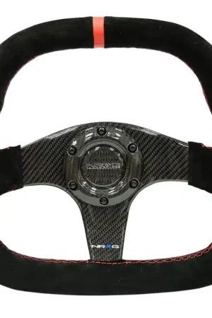 NRG Carbon Fiber Steering Wheel (320mm) Flat Btm. Blk Suede/Red Stitch w/CF Spokes & Red Center Mark Weekend Sale