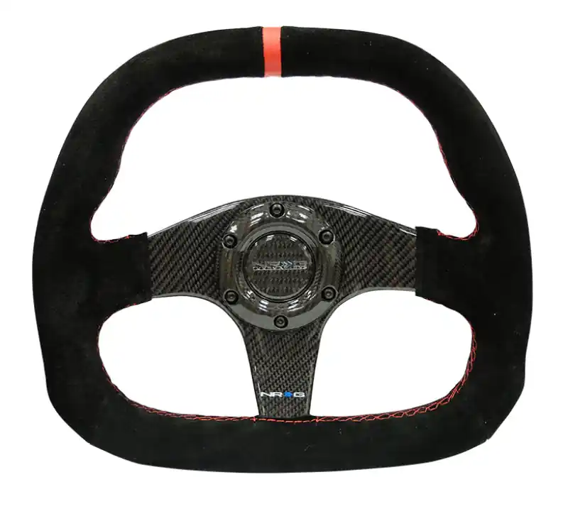 NRG Carbon Fiber Steering Wheel (320mm) Flat Btm. Blk Suede/Red Stitch w/CF Spokes & Red Center Mark Weekend Sale