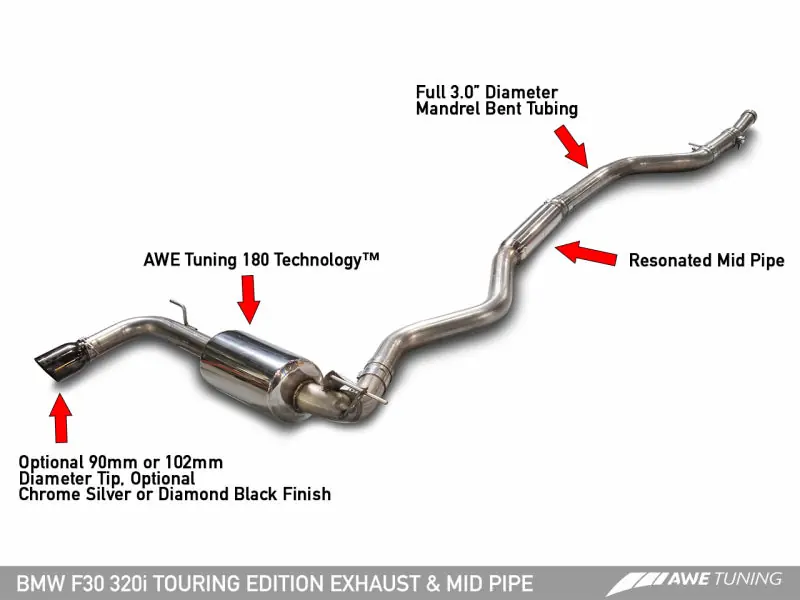 AWE Tuning BMW F30 320i Touring Exhaust w/Performance Mid Pipe - Diamond Black Tip (90mm) Super Sale