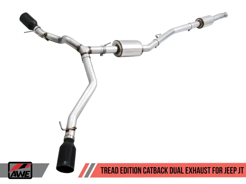 AWE Tuning 20-21 Jeep Gladiator JT 3.6L Tread Edition Cat-Back Dual Exhaust - Diamond Black Tip Professional Grade