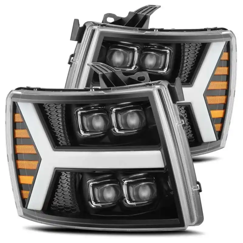 While Supplies Last AlphaRex 07-13 Chevy 1500HD(NewBody) NOVA LED Proj Headlight Plank Sty Glos Blk w/Activ Lite/Seq Sig