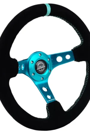 NRG Reinforced Steering Wheel (350mm/ 3in. Deep) Black Suede/ Teal Center Mark/ Teal Stitching Mega Sale