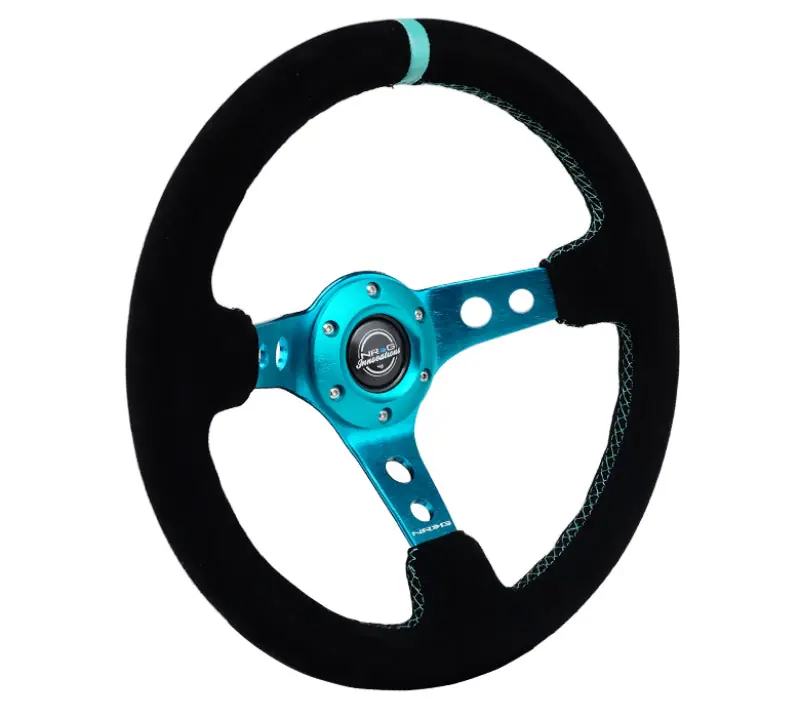 NRG Reinforced Steering Wheel (350mm/ 3in. Deep) Black Suede/ Teal Center Mark/ Teal Stitching Mega Sale