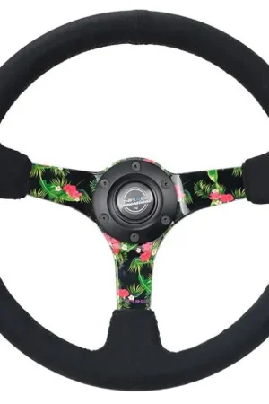 NRG Reinforced Steering Wheel (350mm / 3in. Deep) Black Suede w/ 5mm Floral 3-Spoke Center Next Day Delivery