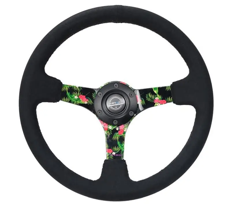 NRG Reinforced Steering Wheel (350mm / 3in. Deep) Black Suede w/ 5mm Floral 3-Spoke Center Next Day Delivery